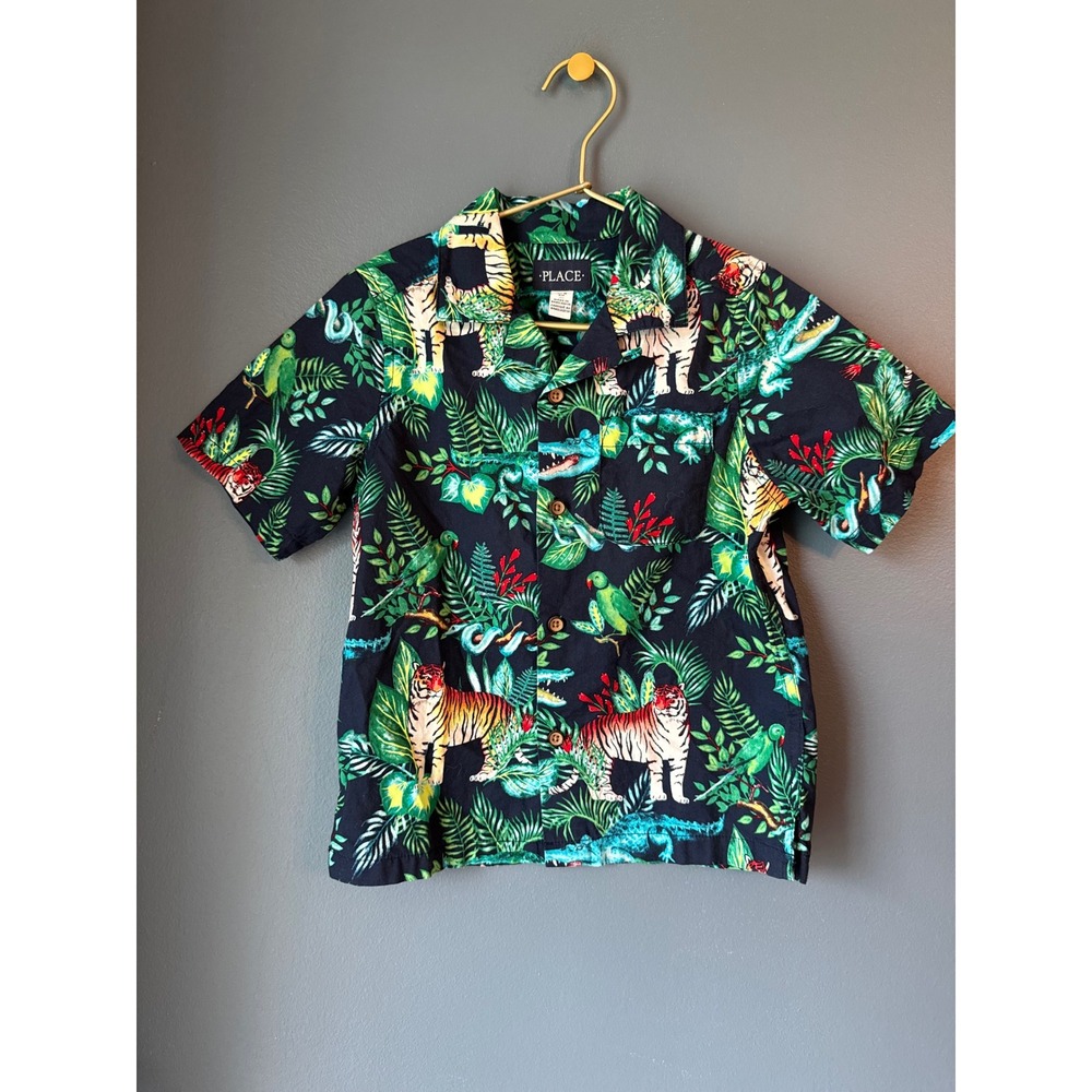 The Children's Place Boys Jungle Tiger Crocodile Tropical Button‎ Down Shirt 5/6